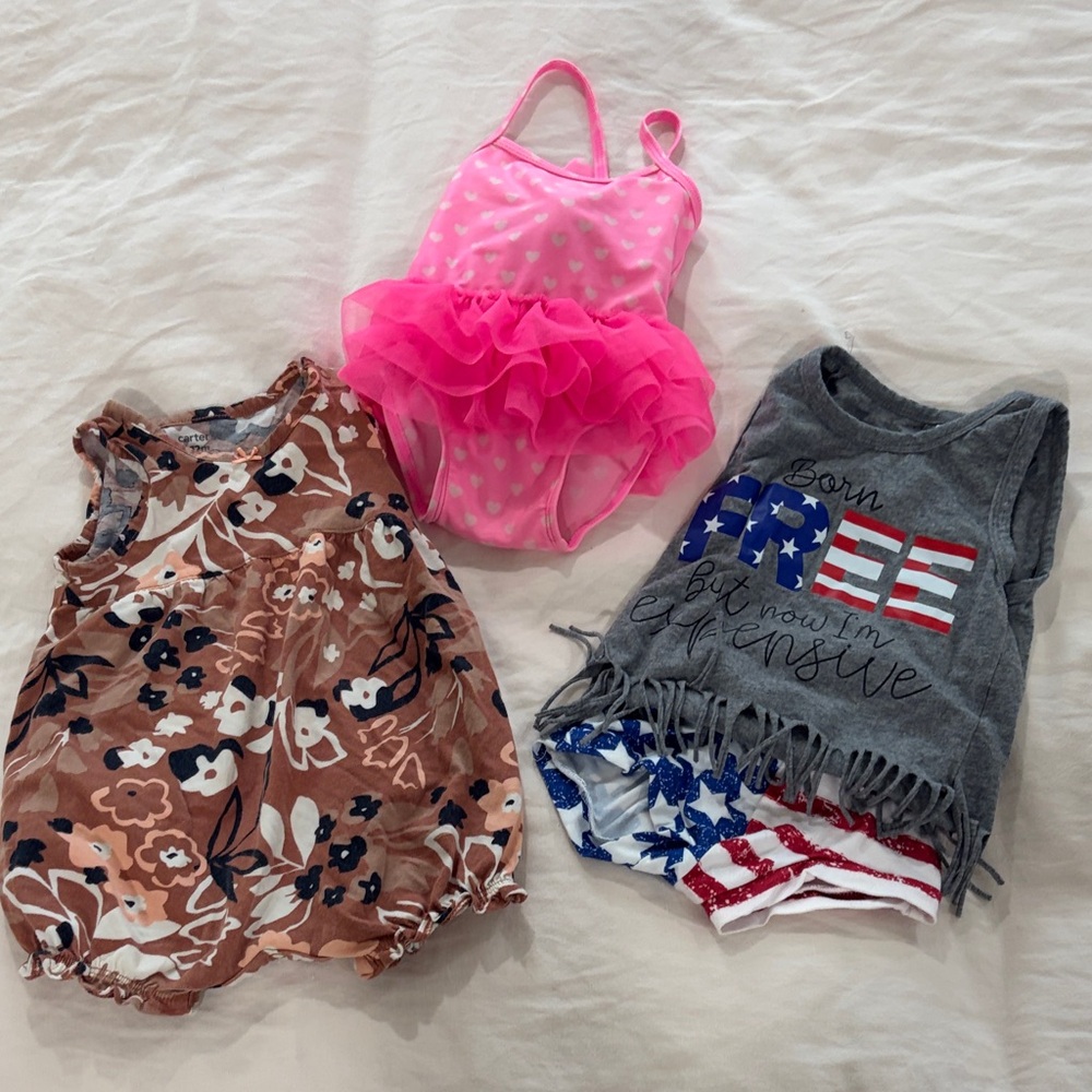RuffleButts Pink Heart Bow Swim, Carters Romper, Patriot Set